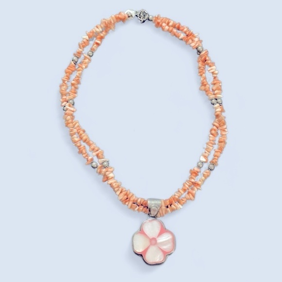 Sterling Silver Pink Coral Nugget Bead Necklace w/mother of Pearl flower pendent - Picture 6 of 10